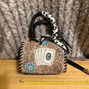 Leather western Natural leather with Black and Turquoise Aces Card Motif Satchel